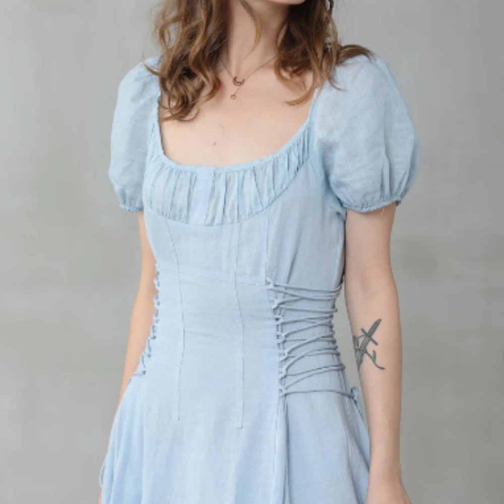 Girdle linen dress, maxi linen dress, cocktail dress, puff sleeve dress, fit and